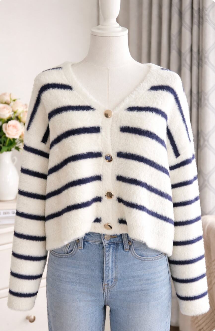 A New Day Medium Ivory Navy Stripe Fuzzy Cardigan Sweater Soft Cozy Button Front